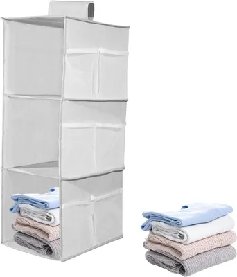 Imagen del producto de Organizador colgante para armarios con 3 estantes, 9 bolsillos laterales, dimensiones de 60 x 30 x 22 cm, ideal para almacenamiento