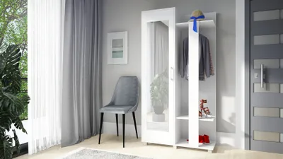Produktbild von Garderobenset KARO, Garderobenpaneel, Kompaktgarderobe, Flurmöbel, mit Spiegel, Farbe: Weiß, Seite: links