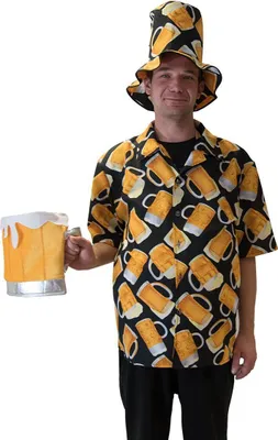 Herren Bier Kostüm Haiwaii-Hemd mit Bierprint inkl. Hut Gr. 50-58 Oktoberfest JGA Männertag Fasching Karneval