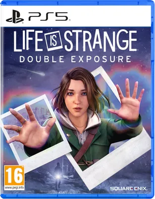 The image is a video game cover for 'Life Is Strange: Double Exposure' on PS5. It features the game's protagonist, Max Caulfield, with her hands outstretched, framed by two polaroid photos. The background depicts a starry sky with a nebula effect.