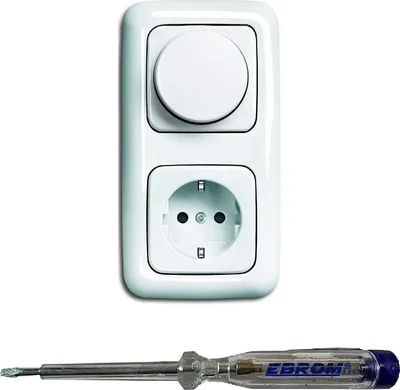 Produktbild von Busch Jäger 6523U-102 LED Drehdimmer Dimmer + Dimmerscheibe 2115-214 und Steckdose 20EUC-214 in Reflex Si alpinweiß glänzend inklusive EBROM Phasenprüfer zur Montage der Geräte (6523 U – 102)