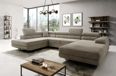 Produktbild von Easy4You Beige Ecksofa Varberg Kord in U-Form 345 x 72 x 205 cm mit Schlaffunktion und Bettzeugbehälter - Schlafsofa mit Bettkasten - Links - Eckcouch mit Stauraum - Stoff: Kord Poso 02