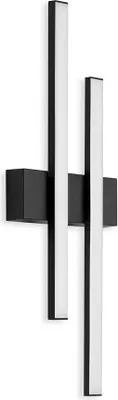 A modern, black LED wall light with two vertical light bars.