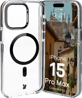 Produktbild von Bizon Case Marco Magnetische Ringhülle für iPhone 15 Pro Max, Transparent mit schwarzem Rahmen