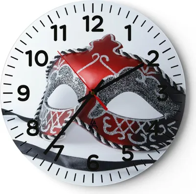 Produktbild von Wanduhr - Rund - Glasuhr - Venedig Karneval Maske - 30x30cm - Schleichendes Uhrwerk - Lautlos - zum Aufhängen bereit - Dekoration Modern - Wanddekoration aus Glas - C4AR30x30-2380