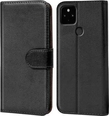 A black book-style phone case is shown open, revealing the inside of the case and a phone with a camera module.