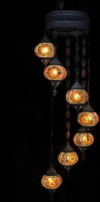 Image de Suspension avec mosaïque de verre colorée, lustre de style oriental, blanc crème, 7 boules de verre, fabriquée à la main en Turquie