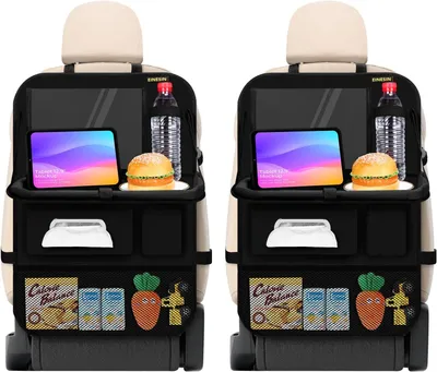 Produktbild von Autositz-Rückenlehnenschutz und Organizer, 2 Stück, mit Klapptisch und Tablettasche, für Reisen