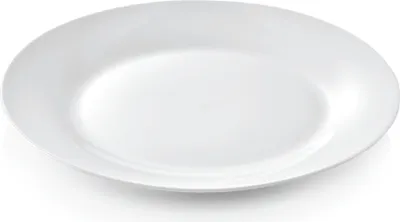A single white plate on a white background.