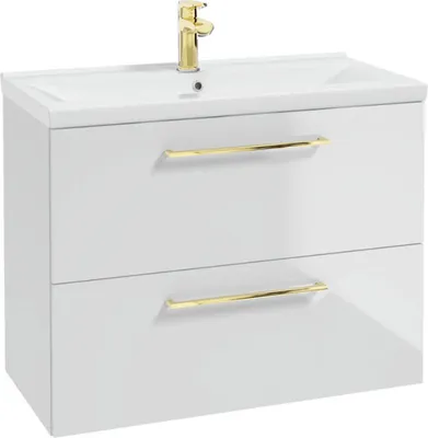 A white bathroom cabinet with a sink and gold handles, shown from the front.