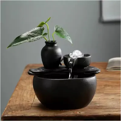 Produktbild von Kleiner Tischbrunnen mit Wasserspender, Brunnendekoration und Luftbefeuchter für Wohnzimmer und Büro, Zen-Meditationsbrunnen