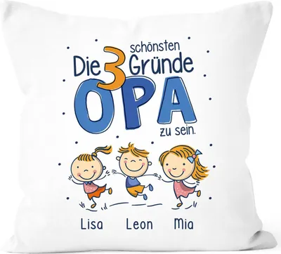 Produktbild von Kissen-Bezug Die schönsten Gründe Papa zu sein personalisiert mit Namen 1,2,3,4 Kinder Geschenk Enkel für Opa SpecialMe® Opa weiß 40cm x 40cm