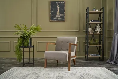 A chair in a room with a bookshelf and a plant.