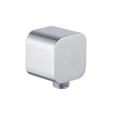 A chrome-plated plumbing fitting with a threaded connection.