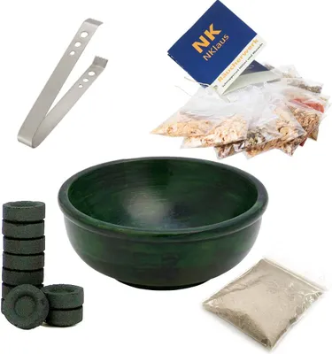 Produktbild von Magischer Räucherwerk Set mit Speckstein Räucherschale 11cm Grün + Viele Zubehör