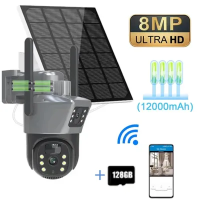 Image de Caméra de surveillance solaire - Caméra PTZ Wi-Fi - 8 MP / 4K - Double objectif - Suivi automatique - Carte mémoire 128 Go - Pour une utilisation en extérieur
