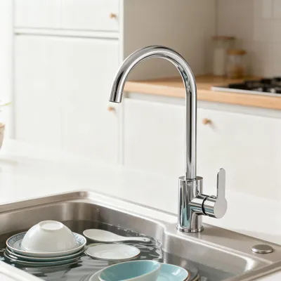 A kitchen sink with a faucet and dishes being washed.