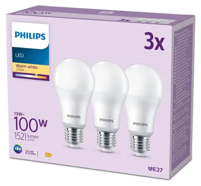 Obrázek produktu pro Philips Žárovka 100 W A65 3× E27, 13 W, 100 W, E27, 1521 lm, 15000 h, Teplá bílá