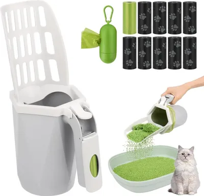 Image de Pelle à litière pour chats avec support pour sac Poubelle 195 sacs de recharge Gris
