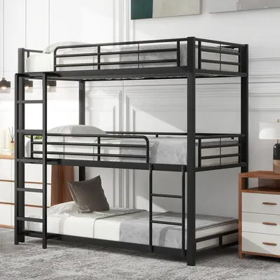 Produktbild von 90x200cm Bettgestell Metallbett,Etagenbett,Eisenbett, Dreifach-Etagenbett für Kinder, Jugendliche und Erwachsene, Schwarz