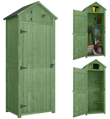 Produktbild von Gartenhaus aus Holz mit Regalen und abschließbarer Tür