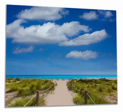 Produktbild von Wallario Herdabdeckplatte aus Glas, Größe 60 x 52 cm 1-teilig, Motiv Sandweg zum blauen Meer mit blauem Himmel