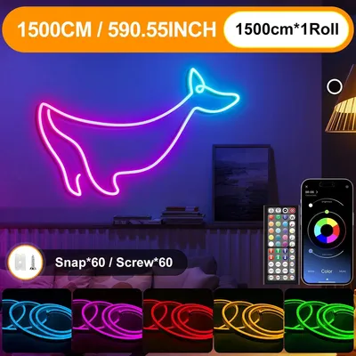 Obrázok produktu pre Flexibilná LED neonová svetelná reťaz – LED svetelný had 15 m – RGB – Ovládanie cez aplikáciu a diaľkovým ovládačom – Synchronizácia s hudbou – IP65 – Vhodné na vnútorné aj vonkajšie použitie