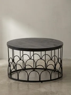 Produktbild von Couchtisch 60x60x36 cm Mango Massivholz / Metall Schwarz Sofatisch Rund, Design Wohnzimmertisch Industrial, Kaffeetisch Wohnzimmer Massiv mit Metallgestell