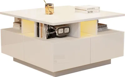 Produktbild von MODFU  Beistelltisch mit Hochglanz,Couchtisch Teetisch mit geometrische Design und 4 schubladen,Kaffeetisch mit LED-Lichtstreife,Weiß