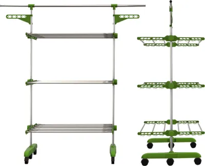 A product shot of a three-tier drying rack with wheels, shown from the front and side.