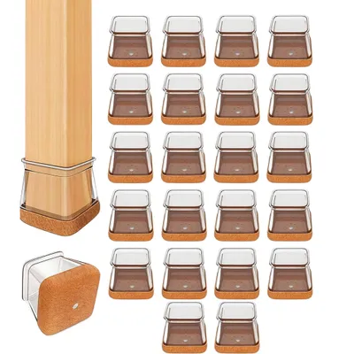 A collection of images showing furniture leg caps, with one image showing a leg cap on a wooden table leg.