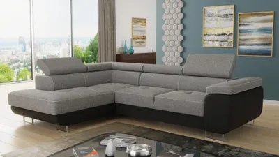 Produktbild von Ecksofa Caris mit Schlaffunktion und einstellbare Kopfstützen, Wohnlandschaft, Couchgarnitur, Bettkasten, Sofagarnitur, Couch, Sofa (Schwarz + Grau (Soft 011 + Sawana 21), Ecksofa Links)