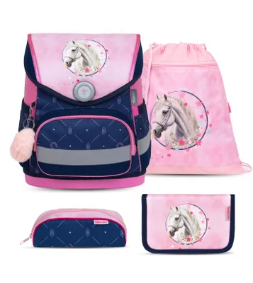 Zdjęcie produktu dla Belmil Kompaktowy ergonomiczny zestaw saszetek 4-częściowy "Amazing Horses" z paskiem na klatkę piersiową, zapięcie magnetyczne