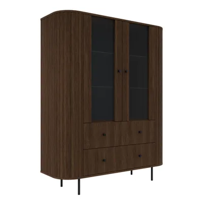 Produktbild von Vitrine OVARO II 155 cm mit 4 Türen und 3 offenen Fächern – Moderne Standvitrine für Wohnzimmer und Esszimmer – Eiche Dunin