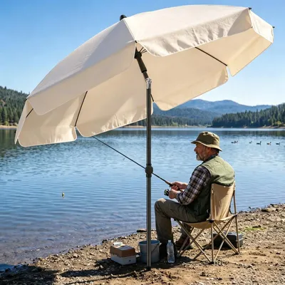 Image de Parasol de plage - 2 mètres - Double couche - Toile - Imperméable - Rond - Beige