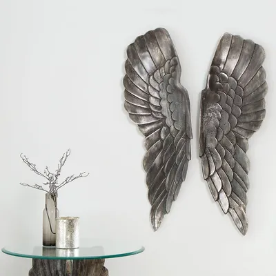 Produktbild von cagü: XL Design Wanddeko Flügelpaar [WINGS] Bronze-Silber Antik aus poliertem Aluminium 65cm Höhe inkl. Befestigungsmaterial, Designklassiker!