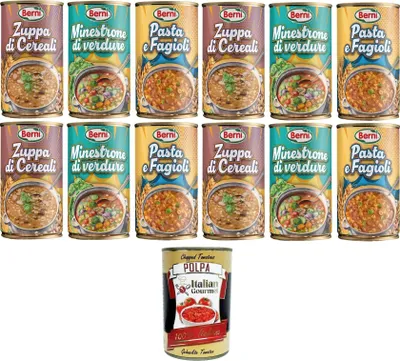 Produktbild von Berni Testpaket Getreidesuppe, Gemüse-Minestrone, Nudeln und Bohnen 12x420gr + Italian Gourmet polpa 400g