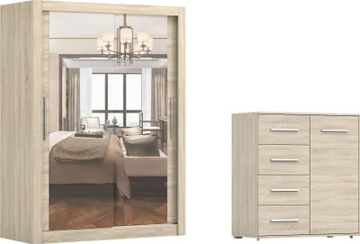 Obrázek produktu pro sada 2 skříní s posuvnými dveřmi Šatní skříň MILAN 150 cm se zrcadlem a FRIDA Frida 01 , šířka: 90 cm, barva: SONOMA/SONOMA