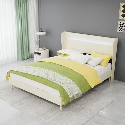 Imagen del producto de Cama tapizada de 140x200 cm en color beige, fabricada en algodón, con sistema hidráulico de almacenamiento, cabecero acolchado, puertos USB tipo C y iluminación LED de 3 lados