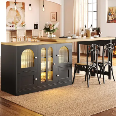 Immagine prodotto di Isola multifunzionale da cucina MODFU 3-in-1, tavolo da pranzo con rotazione a 360°, mobile da cucina con illuminazione RGB a LED, tavolo da cucina con piano allungabile, colore nero