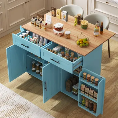 Obrázok produktu pre Abrihome Servírovací vozík Kuchynský vozík so sklopnou pracovnou doskou a kolieskami, kuchynský ostrovček s 2 zásuvkami, kuchynská skrinka Kuchynský vozík, modrý