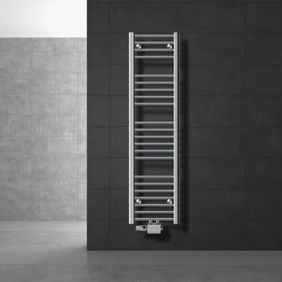 Obrázek produktu pro LuxeBath koupelnový radiátor středové připojení 300 x 1400 mm chrom rovný s termostatem a připojovací sadou univerzální rohový a přímý, bez topného tělesa