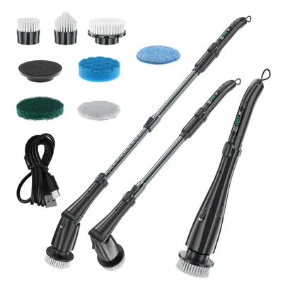 Obrázek produktu pro Sada elektrických čisticích kartáčů, 7 kartáčových hlavic, 3 rychlosti, nastavitelná rukojeť, bezdrátový rotační čistič, pro domácnost - černá barva