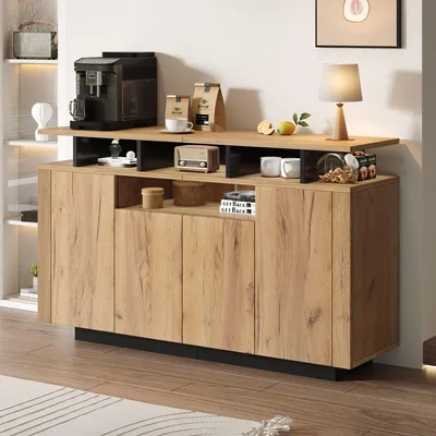 Image de Merax Commode Sideboard 120×40×85 cm avec 4 portes, compartiments ouverts, armoire buffet, commode, armoire de rangement pour le salon, l'entrée & le bureau, naturel