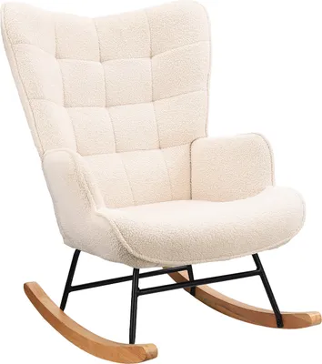 Produktbild von Schaukelstuhl Sessel Relaxsessel Schaukelsessel Wohnzimmersessel Schwingsessel Akzentstuhl für Schlafzimmer, Wohnzimmer Schaukelstuhl aus Teddy-Samt mit Karierter Rückenlehne, 68x75x92cm (Beige)