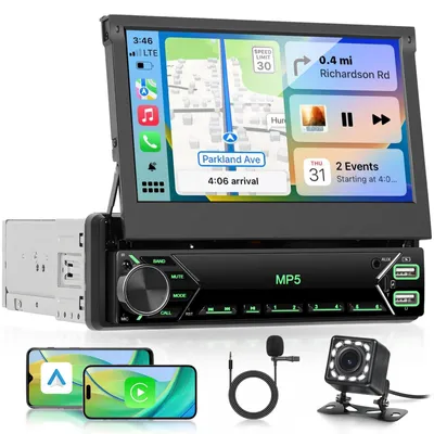 Imagen del producto de Radio para coche de 1 DIN con CarPlay y Android Auto inalámbricos, pantalla táctil IPS HD de 7 pulgadas, conexión Bluetooth y función Mirror Link, y radio FM