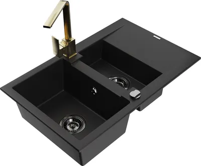 Produktbild von Mexen Gaspar 1,5-Becken-Granitspüle mit Abtropffläche und Mischbatterie Rita, Schwarz - 6507-77-670300-50-B
