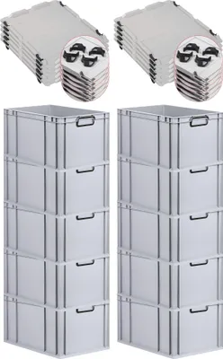 Produktbild von SparSet 10x Eurobox NextGen Color mit Auflagedeckel und Schiebeschnappverschlüsse | HxBxT 32x40x60cm | 65 Liter | Grau | Griffe schwarz geschlossen | Verstärkter Boden | Eurobehälter, Transportbox, Transportbehälter, Stapelbehälter