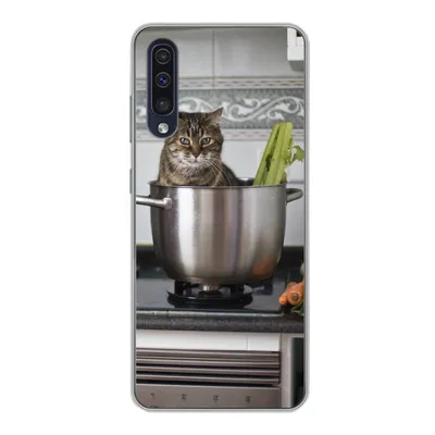 Produktbild von MuchoWow® Handyhülle Schutzhülle Hülle für Samsung Galaxy A30s Katze - Pfanne - Küche Silikon Softcase Handy Hülle - Karteninhaber