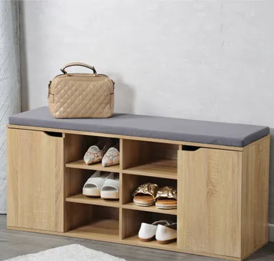 Produktbild von KESPER Schuhschrank Eichedekor mit Sitzkissen – 103 x 30,5 x 48 cm – 6 Fächer & 2 Türen mit variablen Einlegeböden – praktische Sitzbank – 1592813